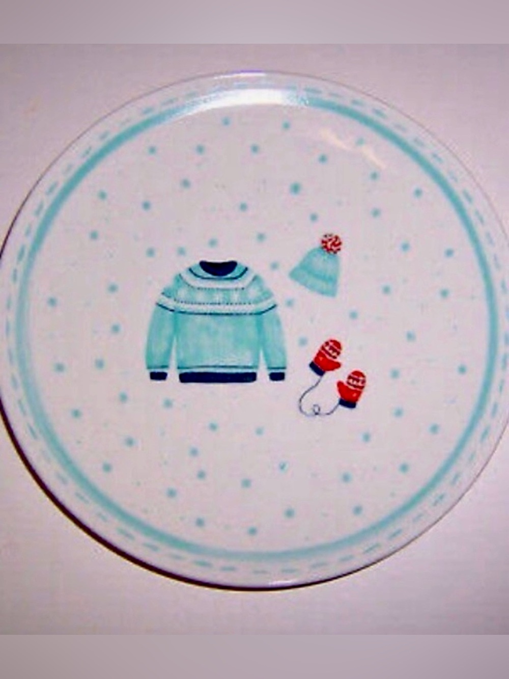 Set of 8 Winter Sweater & Hat Decorative Plate - Blue & Red. Preloved. Elum Home